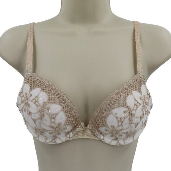 Victorias Secret 34A Dream Angels Push Up Bra Beige White Lace Sequin Underwire - Picture 1 of 14